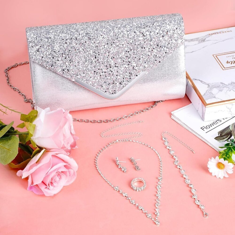 Women Rhinestone Jewelry Set Crystal Necklace Earrings Prom Bridal Clutch Bag - Picture 5 of 7
